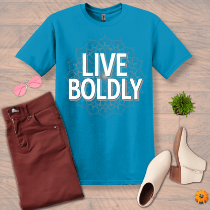 Inspire and Motivate, Uplifting Mandala T-shirt with quote: "Live Boldly"