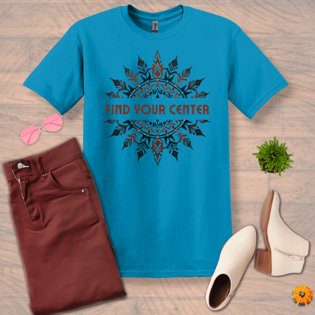 Inspire and Motivate, Uplifting Mandala T-shirt with quote: "Find Your Center"