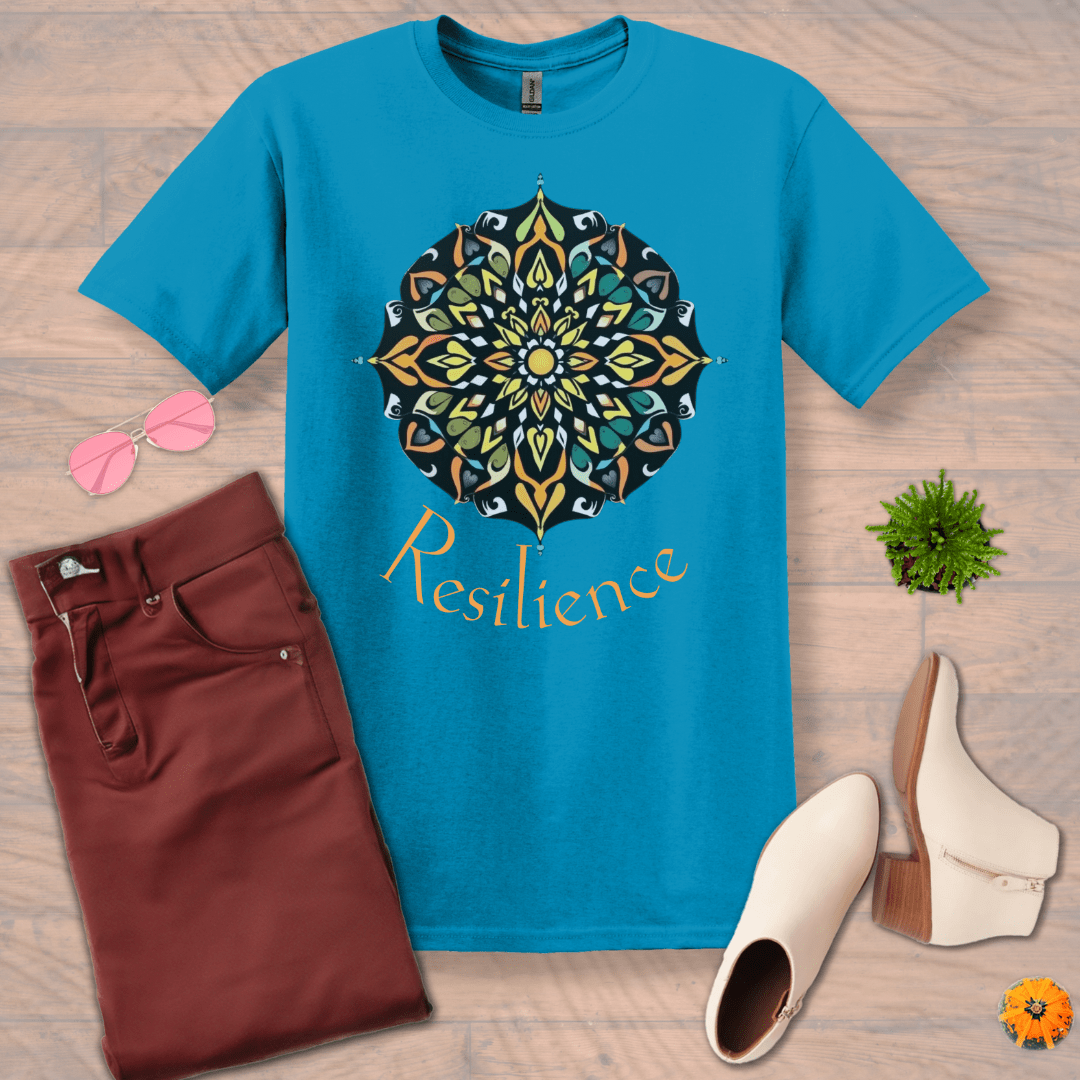 Inspire and Motivate, Uplifting Mandala T-shirt with quote: "Resilience"