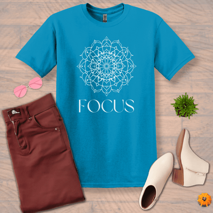 Inspire and Motivate, Uplifting Mandala T-shirt with quote: "Focus"