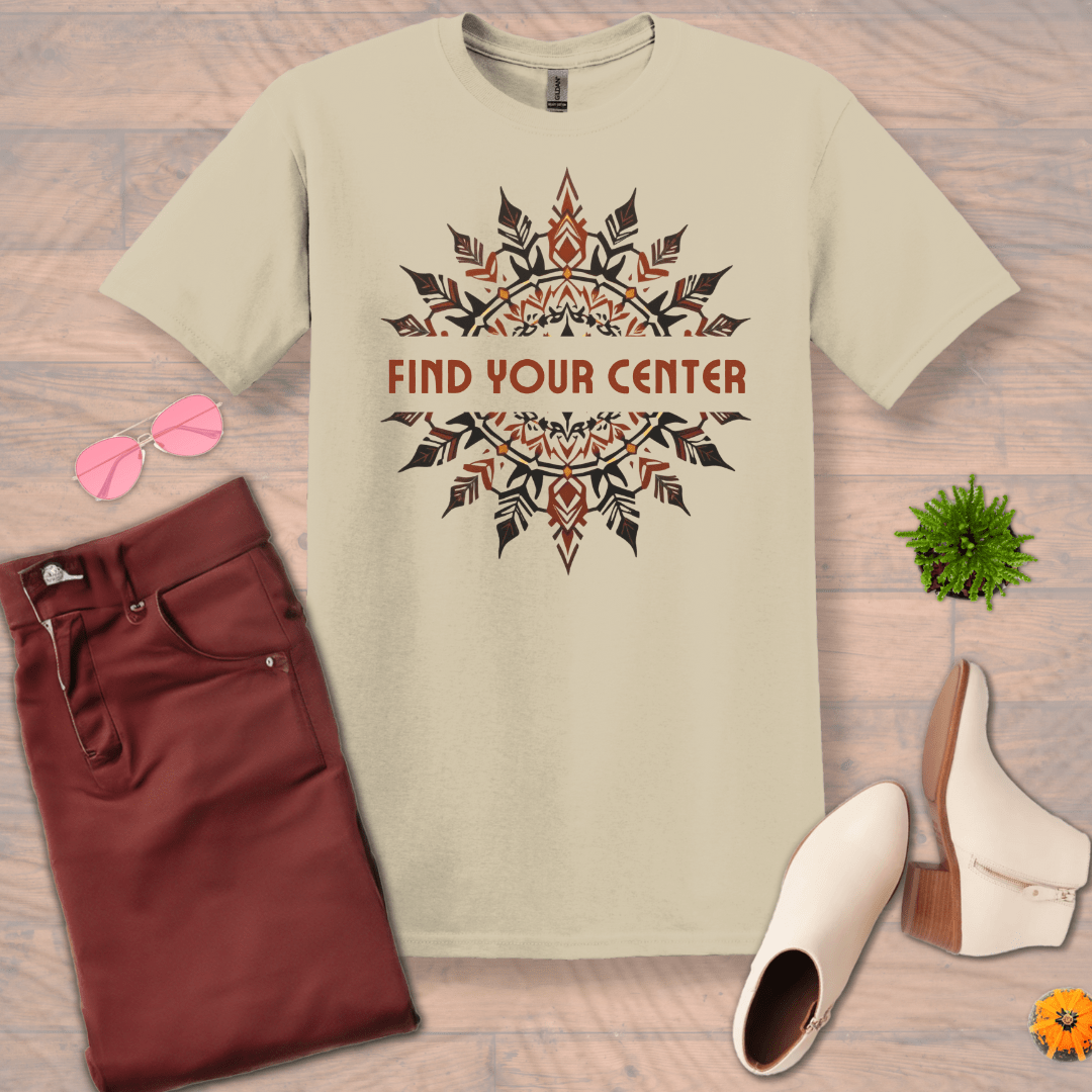 Inspire and Motivate, Uplifting Mandala T-shirt with quote: "Find Your Center"