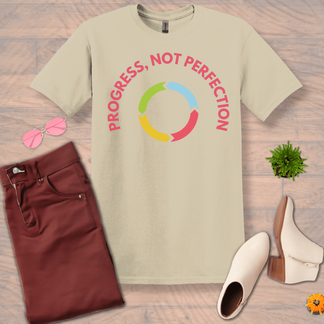 Inspire and Motivate, Uplifting T-shirt with quote: "Progress, Not Perfection"