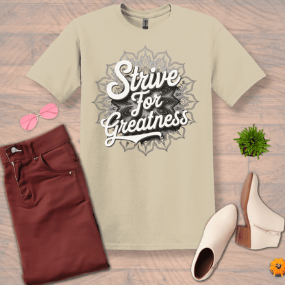 Inspire and Motivate, Uplifting Mandala T-shirt with quote: "Strive For Greatness"