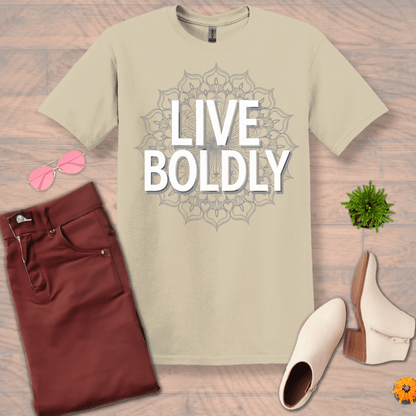 Inspire and Motivate, Uplifting Mandala T-shirt with quote: "Live Boldly"