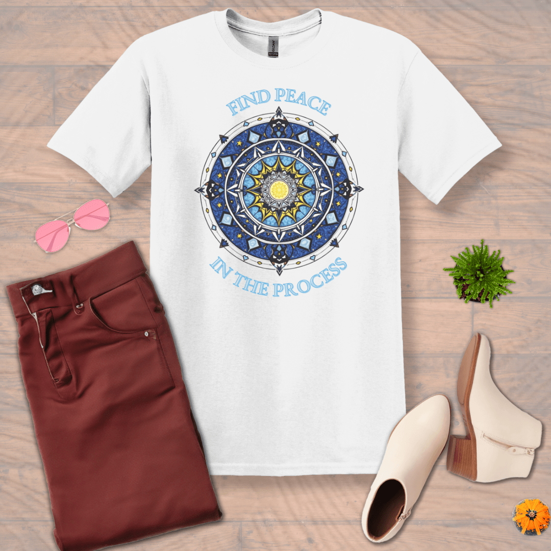 Inspire and Motivate, Uplifting Mandala T-shirt with quote: "Find Peace In The Process"