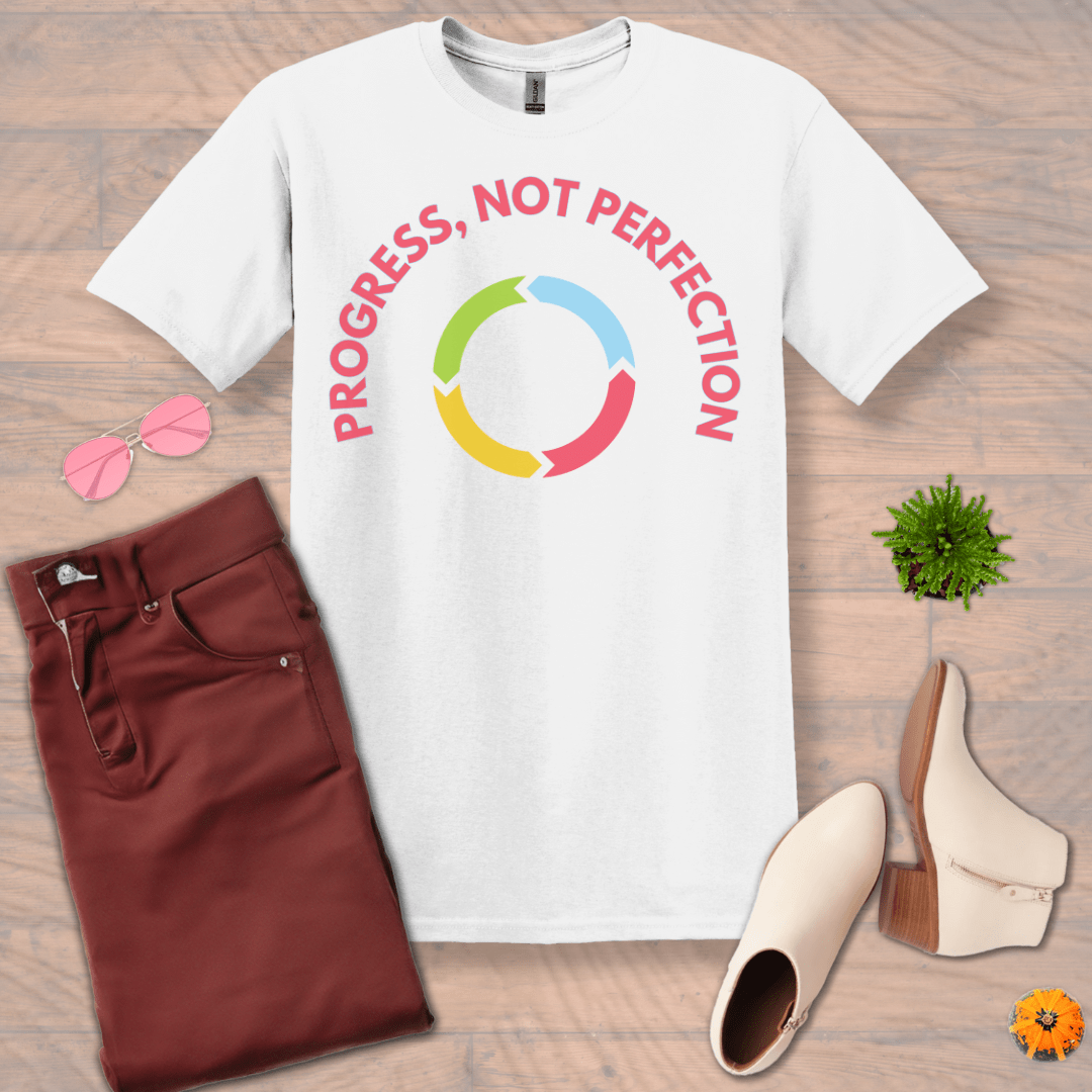 Inspire and Motivate, Uplifting T-shirt with quote: "Progress, Not Perfection"