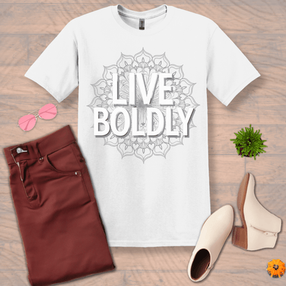 Inspire and Motivate, Uplifting Mandala T-shirt with quote: "Live Boldly"