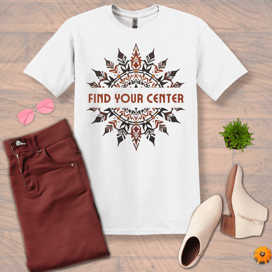 Inspire and Motivate, Uplifting Mandala T-shirt with quote: "Find Your Center"