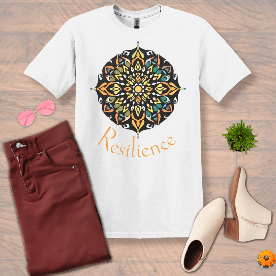 Inspire and Motivate, Uplifting Mandala T-shirt with quote: "Resilience"