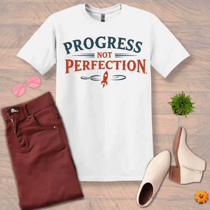 Inspire and Motivate, Uplifting T-shirt with quote: "Progress Not Perfection"