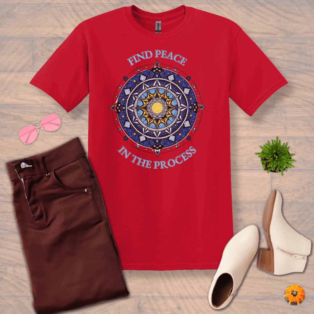 Inspire and Motivate, Uplifting Mandala T-shirt with quote: "Find Peace In The Process"