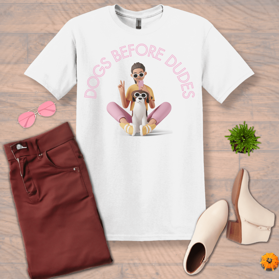 Inspire and Motivate, Uplifting Funny T-shirt with quote: "Dogs Before Dudes"