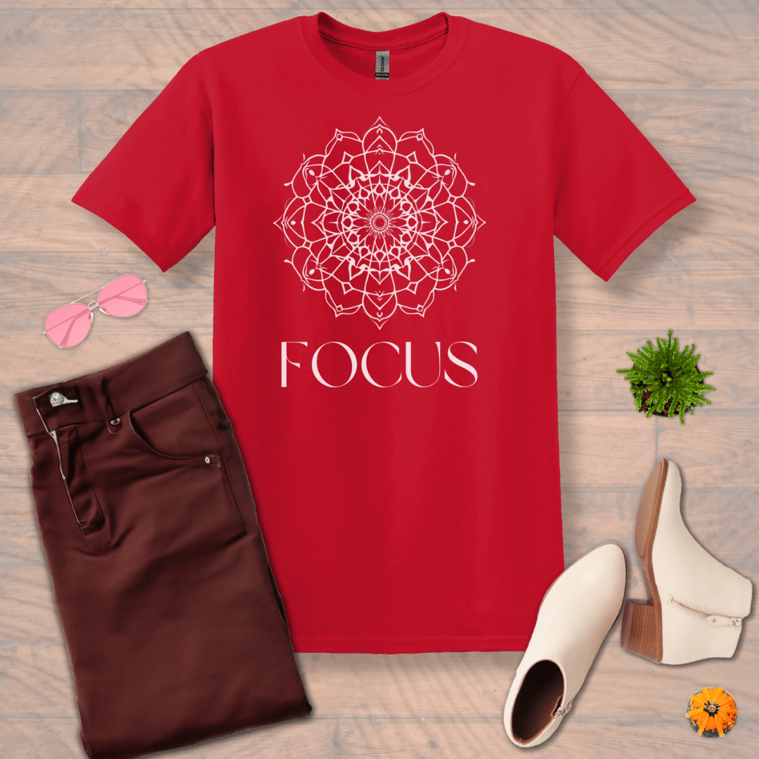 Inspire and Motivate, Uplifting Mandala T-shirt with quote: "Focus"