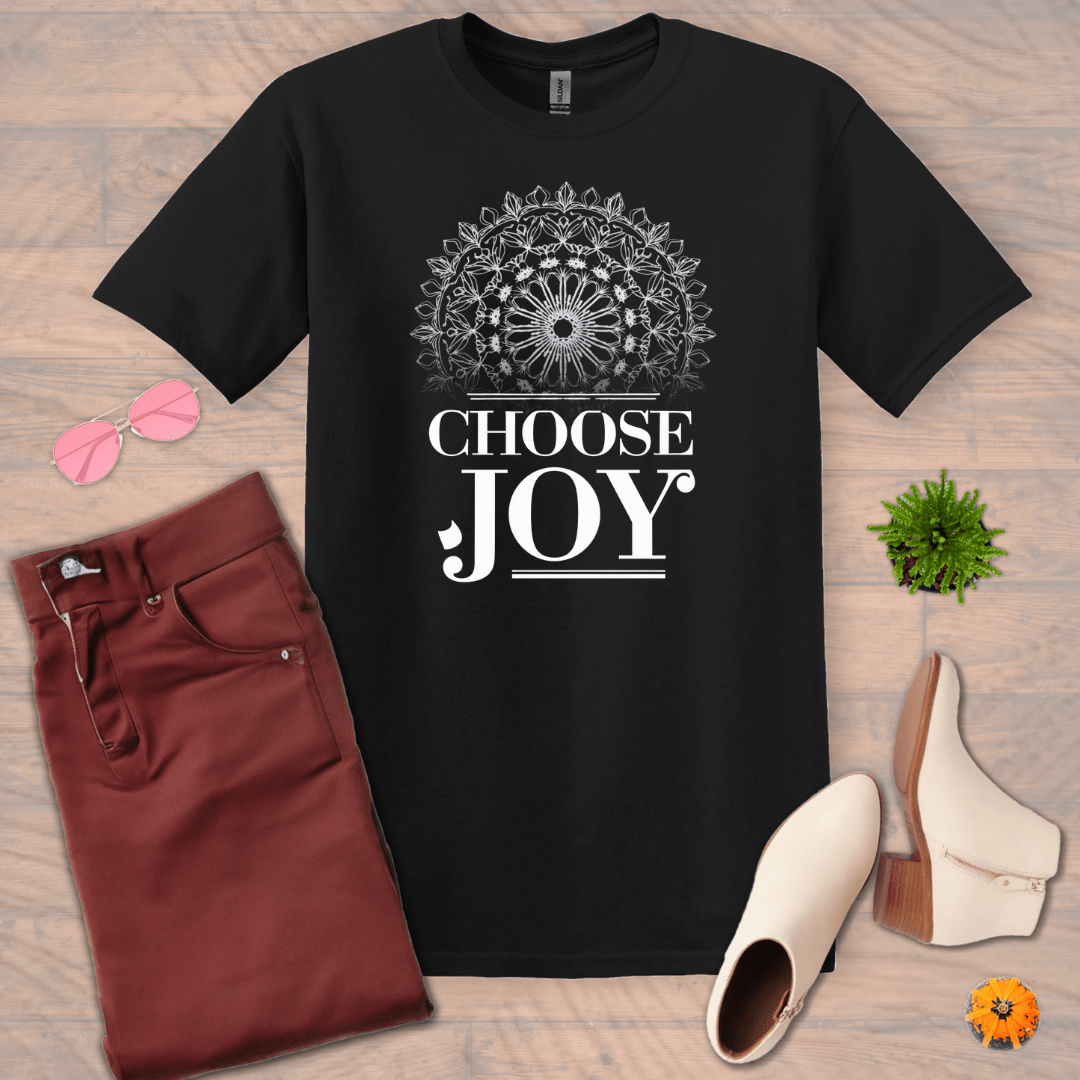 Inspire and Motivate, Uplifting Mandala T-shirt with quote: "Choose Joy"