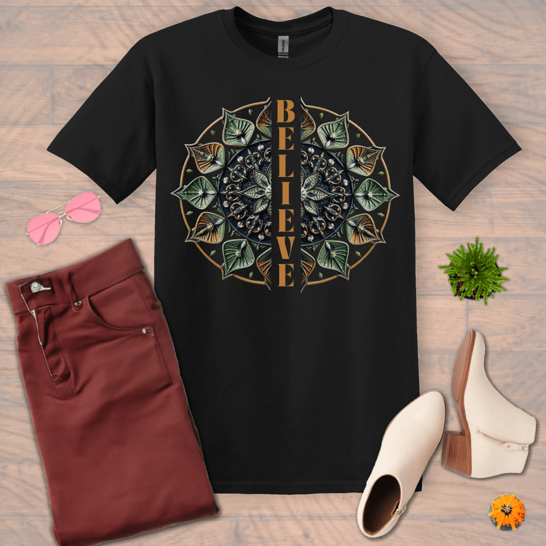 Inspire and Motivate, Uplifting Mandala T-shirt with quote: "Believe"