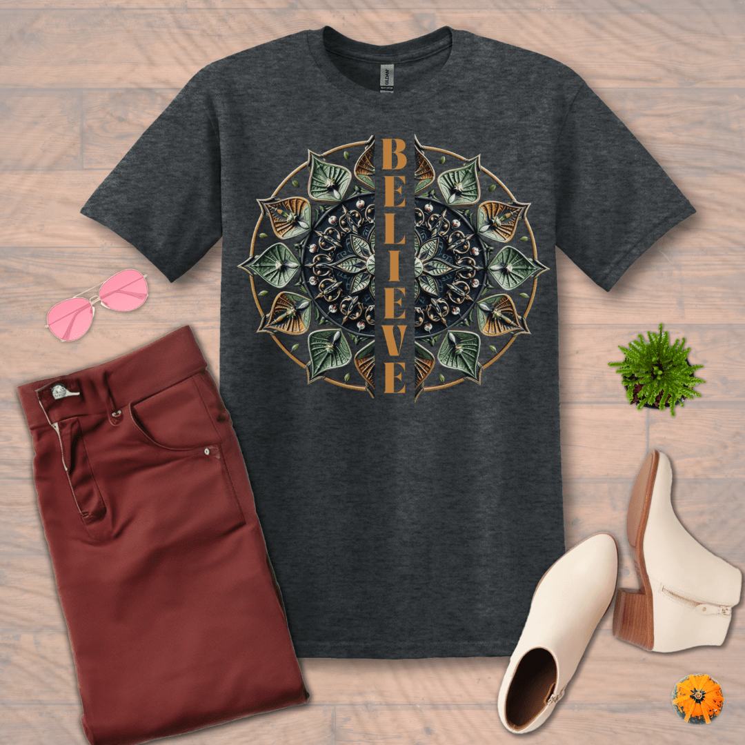 Inspire and Motivate, Uplifting Mandala T-shirt with quote: "Believe"