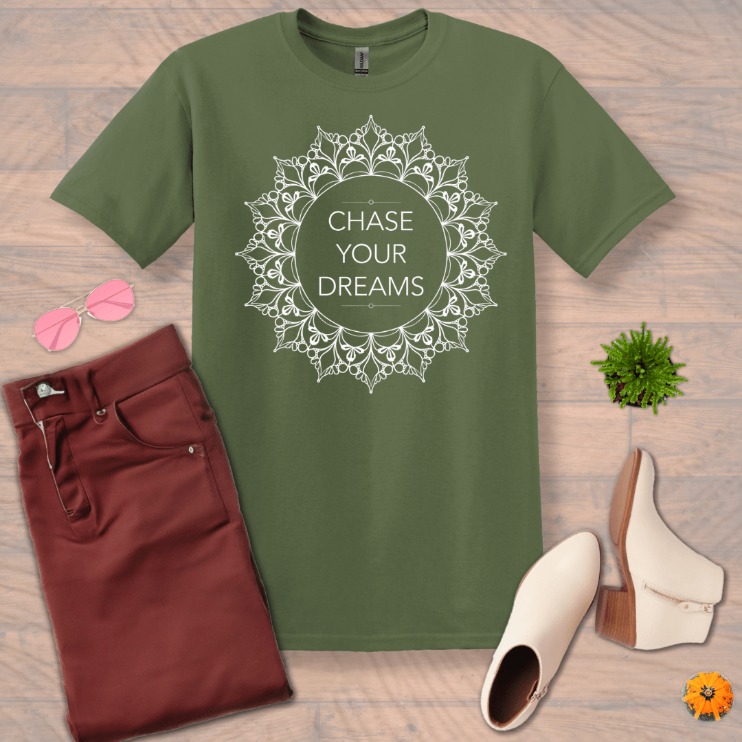 Inspire and Motivate, Uplifting Mandala T-shirt with quote: "Chase Your Dreams!"