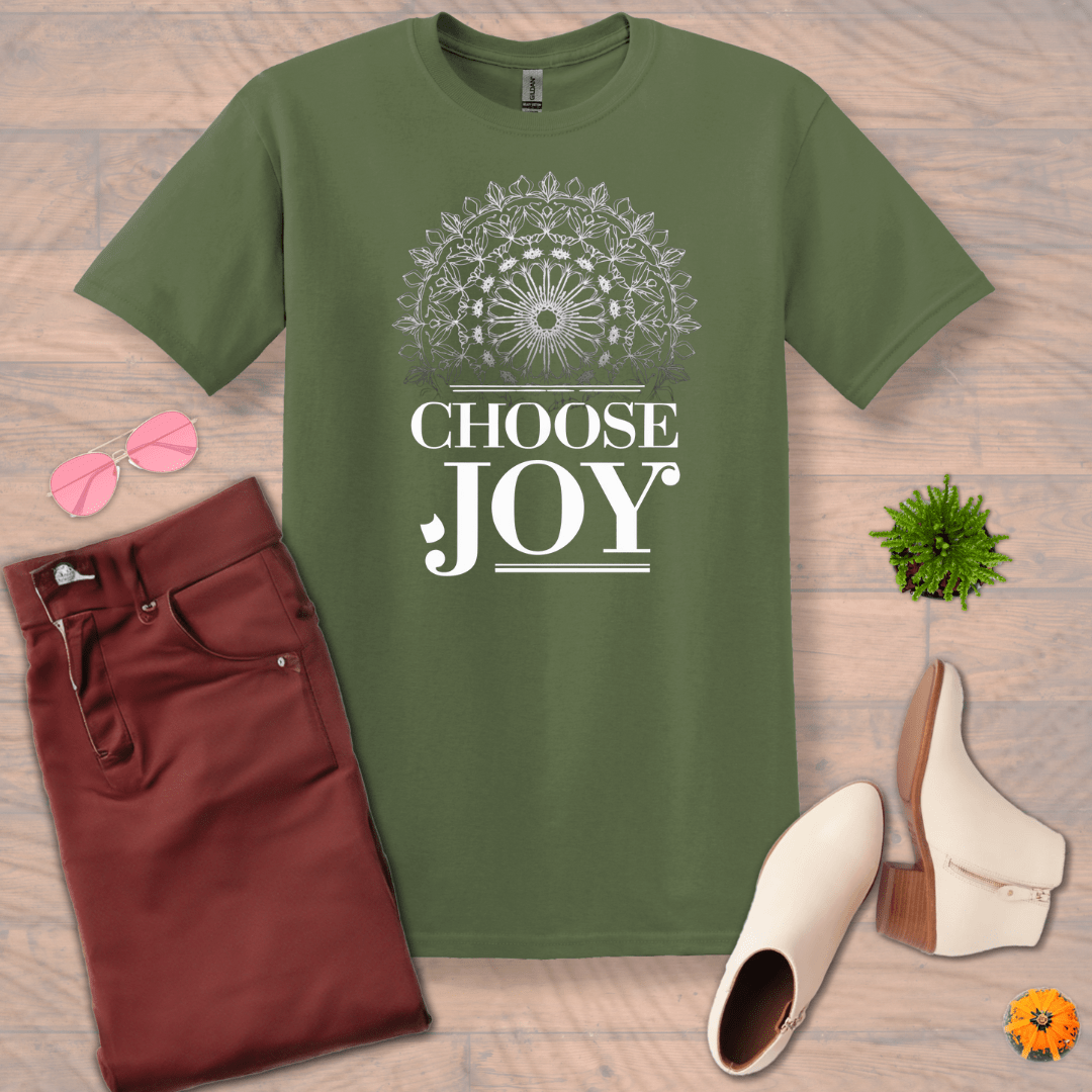 Inspire and Motivate, Uplifting Mandala T-shirt with quote: "Choose Joy"