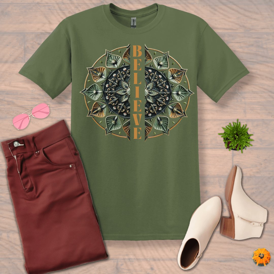 Inspire and Motivate, Uplifting Mandala T-shirt with quote: "Believe"