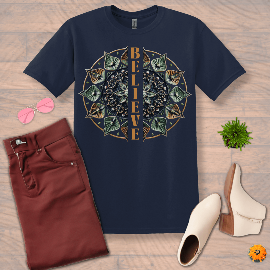 Inspire and Motivate, Uplifting Mandala T-shirt with quote: "Believe"