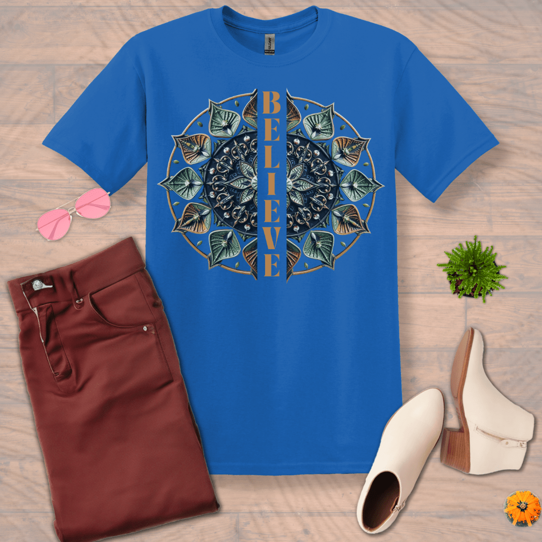 Inspire and Motivate, Uplifting Mandala T-shirt with quote: "Believe"