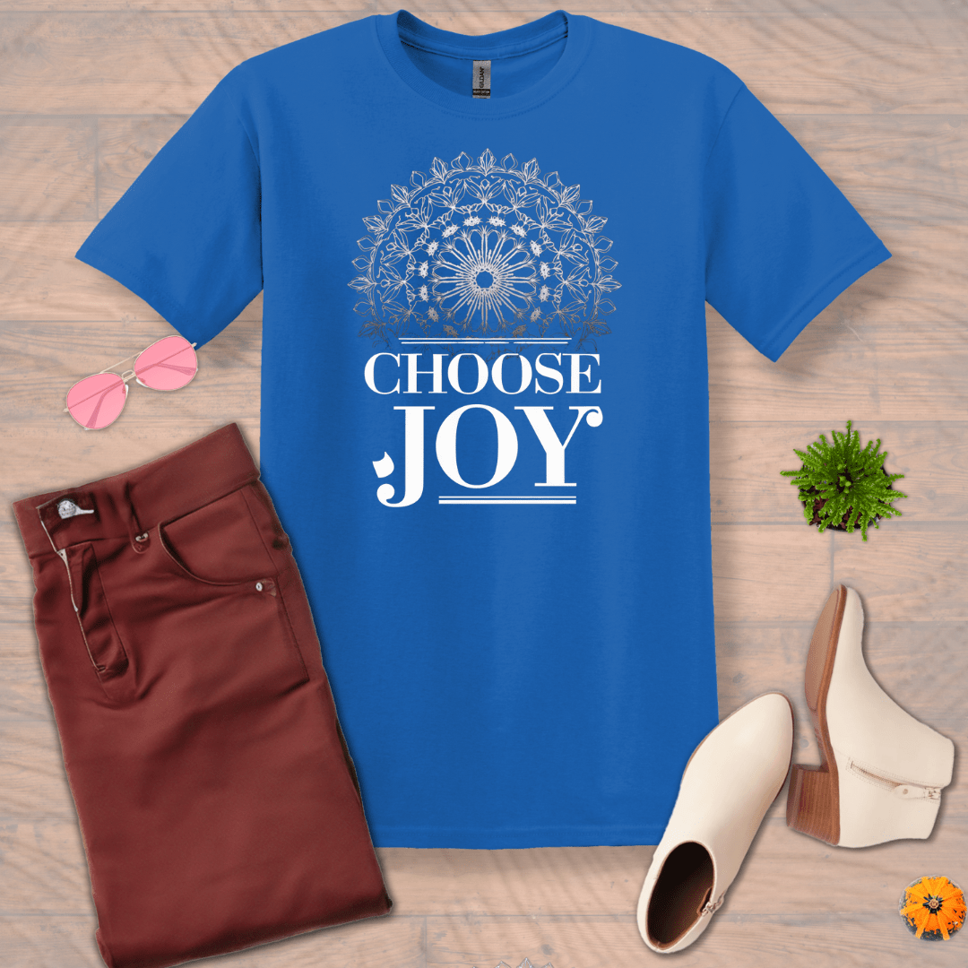 Inspire and Motivate, Uplifting Mandala T-shirt with quote: "Choose Joy"