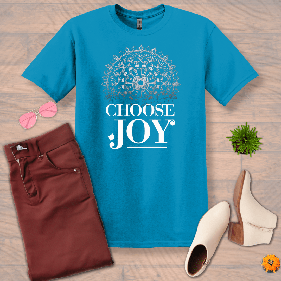 Inspire and Motivate, Uplifting Mandala T-shirt with quote: "Choose Joy"