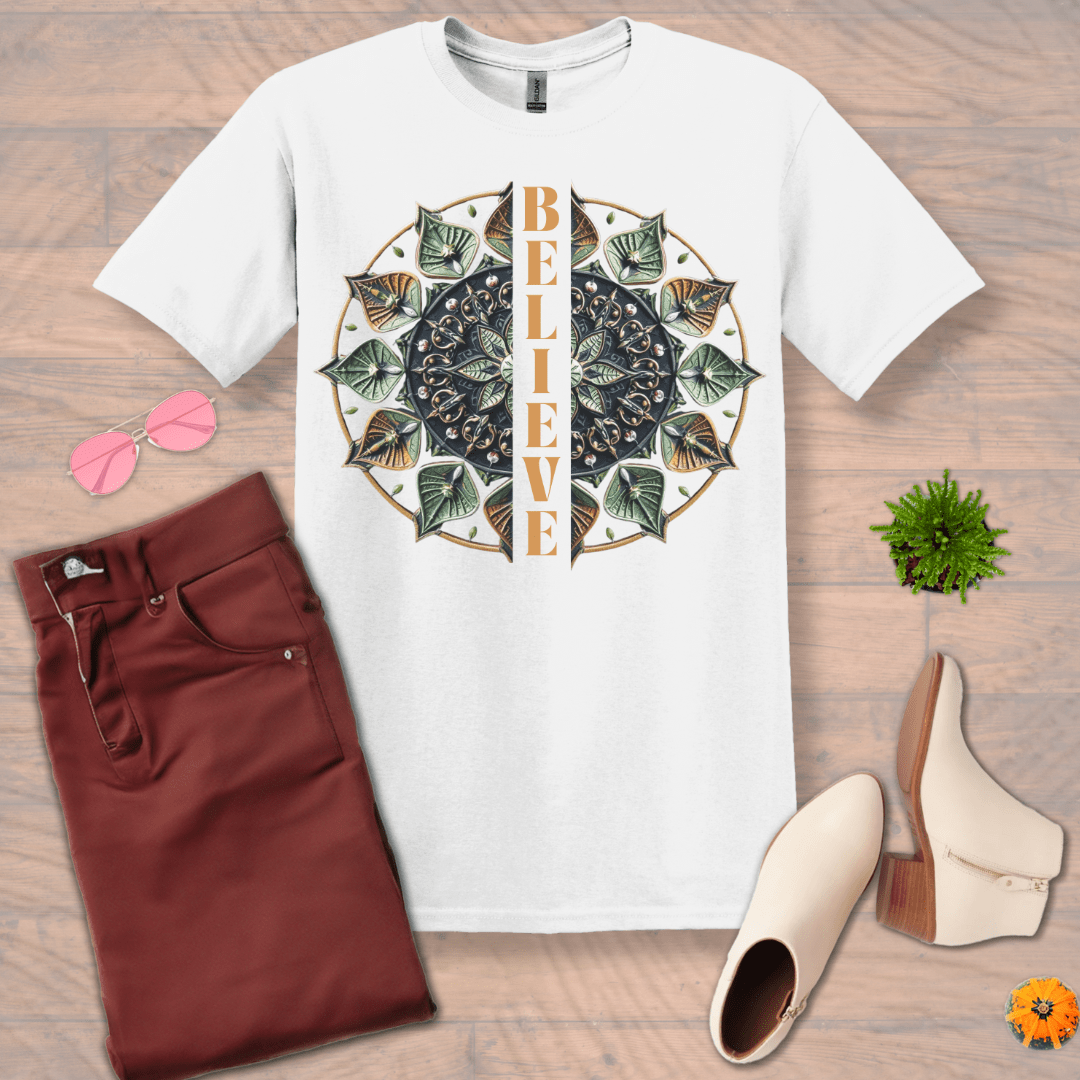 Inspire and Motivate, Uplifting Mandala T-shirt with quote: "Believe"