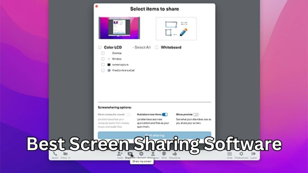 Screenshot of screen sharing software interface with options for color LCD, whiteboard, and select i.